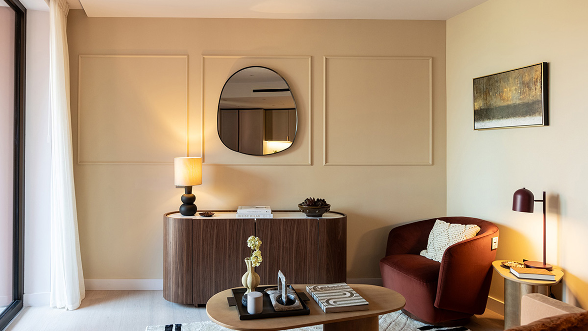 Luxury living room with bespoke furniture package at West End Gate London apartment